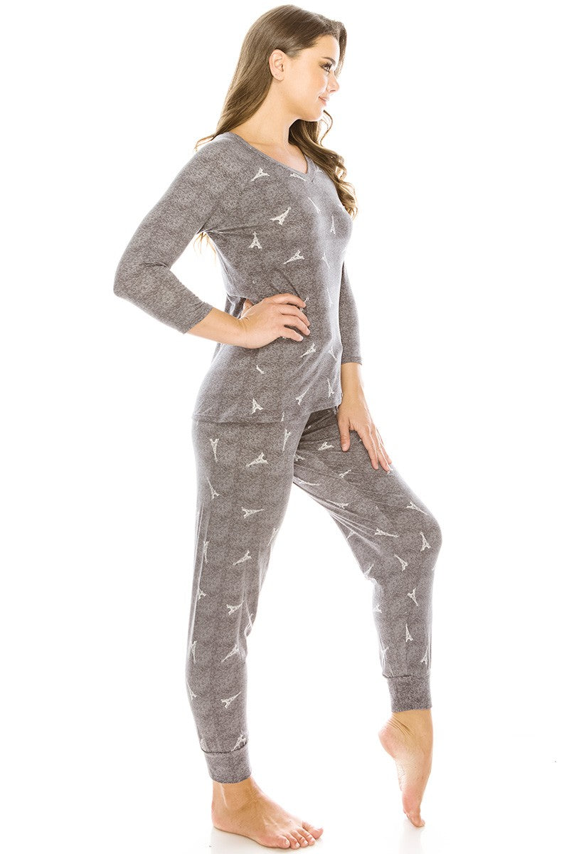 Bird-print knit long-sleeve top and joggers, grey melange, side view