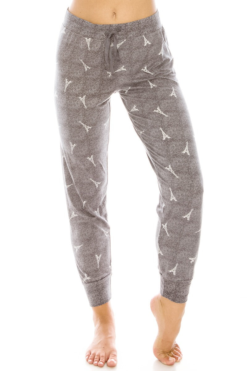 Bird-print knit jogger pants, grey melange with drawstring waist