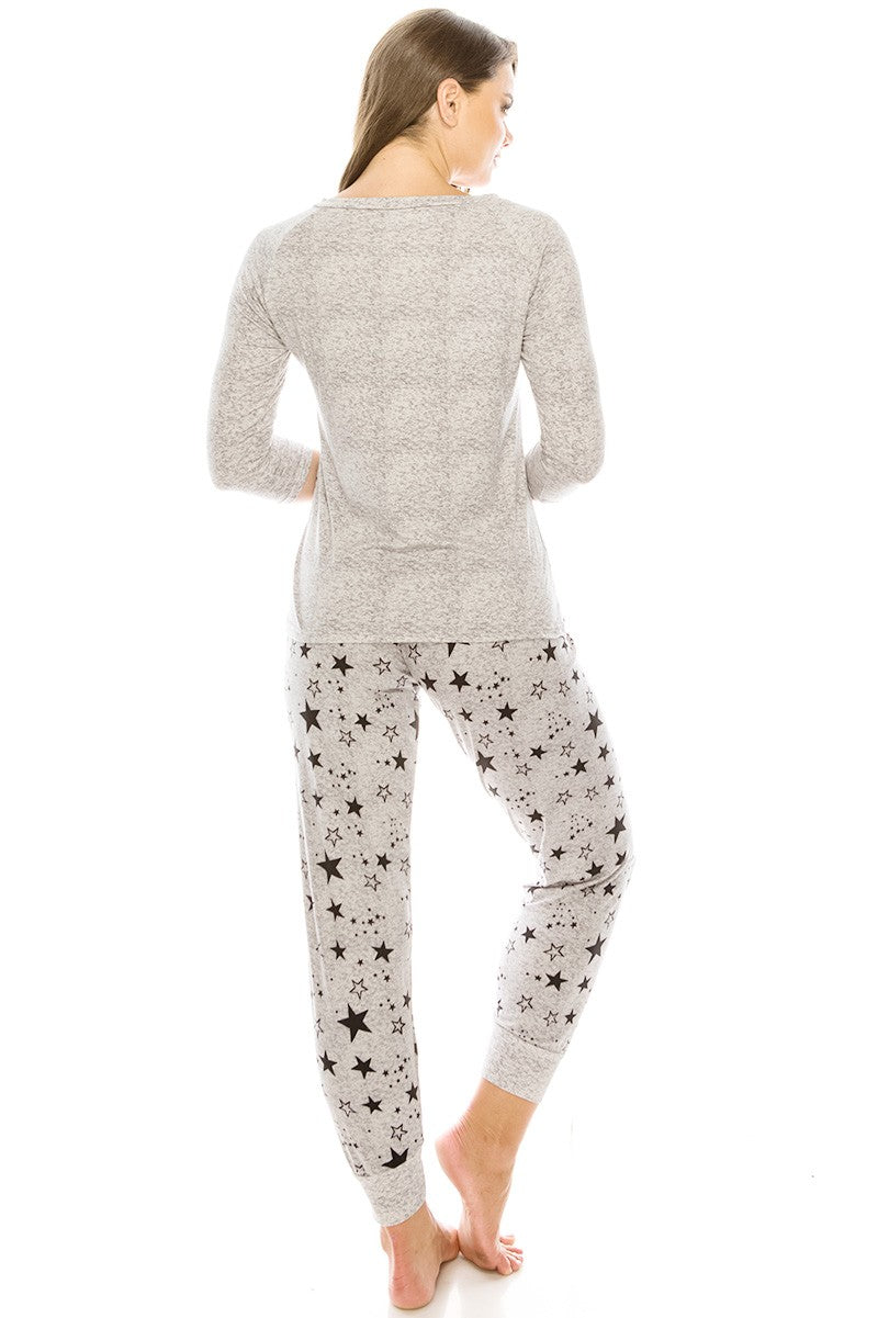 Back view: star-print knit top and jogger pants set, light grey