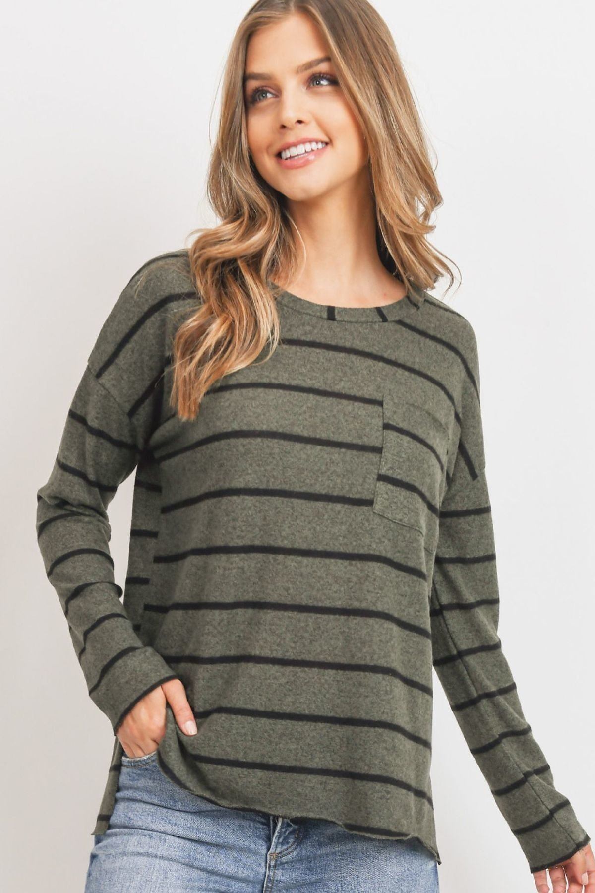 Striped long-sleeve shirt with round neckline and front pocket, olive with dark stripes