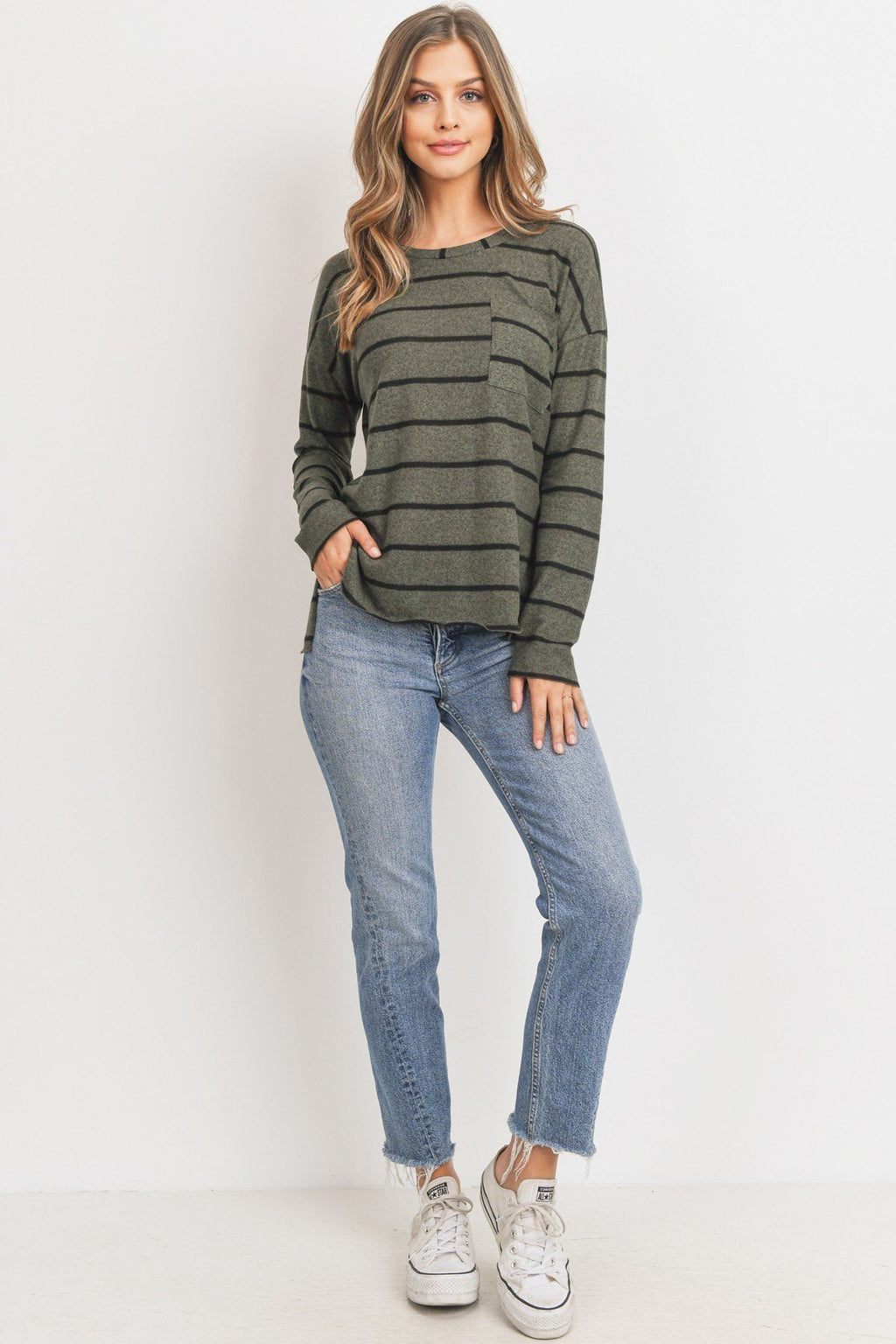 Striped long-sleeve shirt with round neck and front pocket, olive/dark horizontal stripes