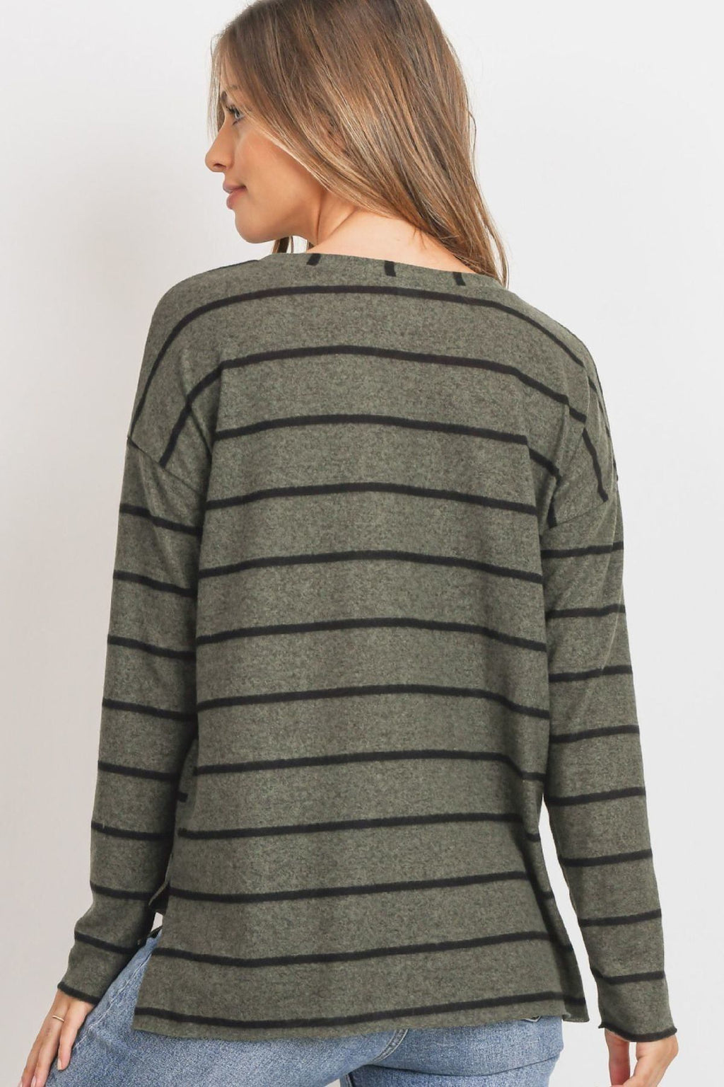 Striped long-sleeve shirt back view, round neck, olive with dark horizontal stripes