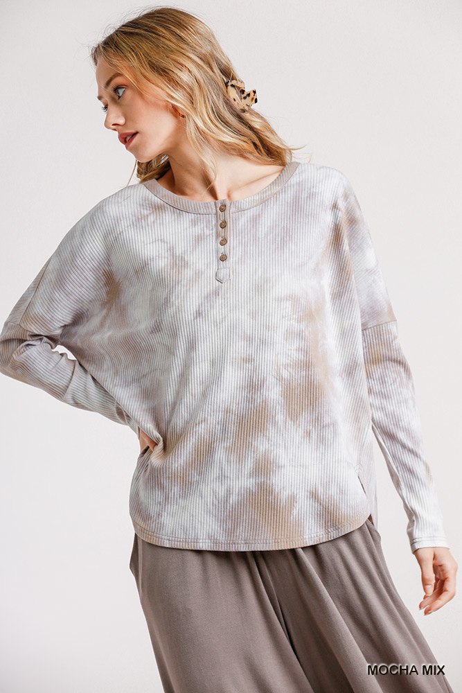 Tie Dye Round Neck Ribbed Button Front Top With Round Hem - Tigbul's Variety Fashion Shop