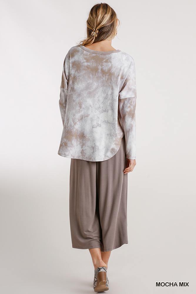 Mocha mix tie-dye top back view with ribbed round neck and button placket