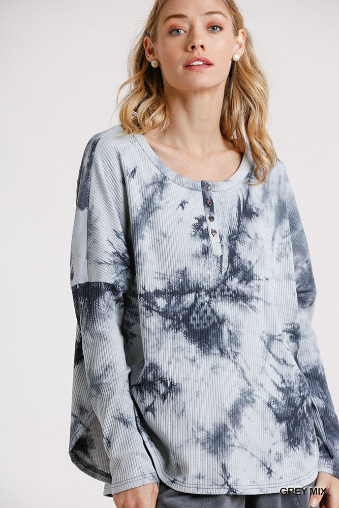 Grey mix tie-dye top with round neck, ribbed trim, button front, long sleeves