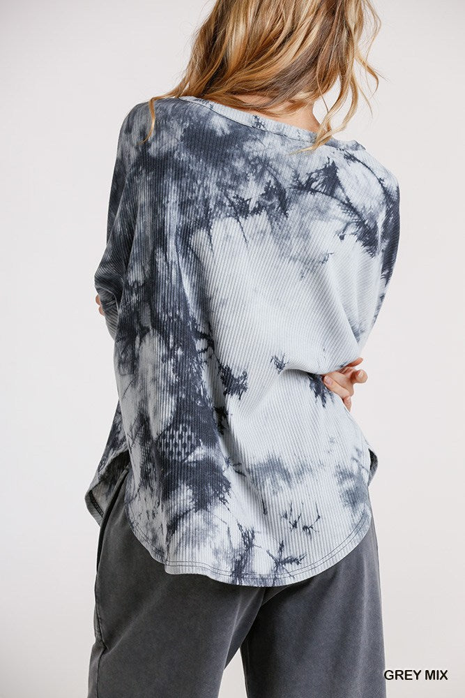 Grey mix tie-dye top, button-front henley style, long sleeves; back view