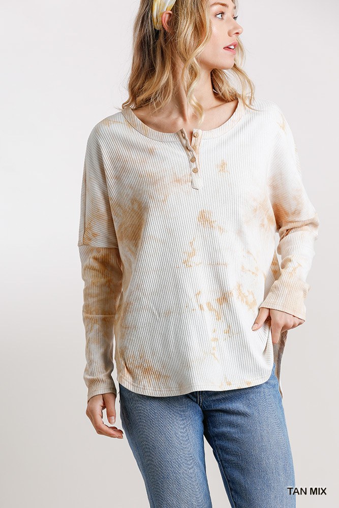 Tie Dye Round Neck Ribbed Button Front Top With Round Hem - Tigbul's Variety Fashion Shop