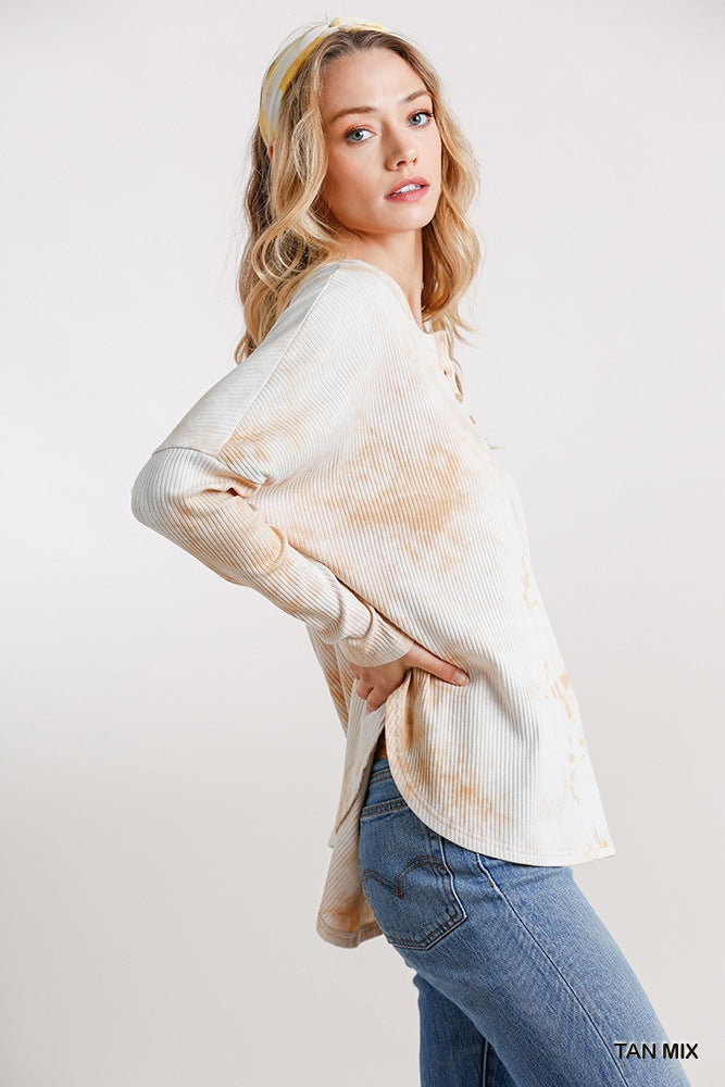 Tan mix tie-dye top with round neck and button placket; long sleeves, curved hem