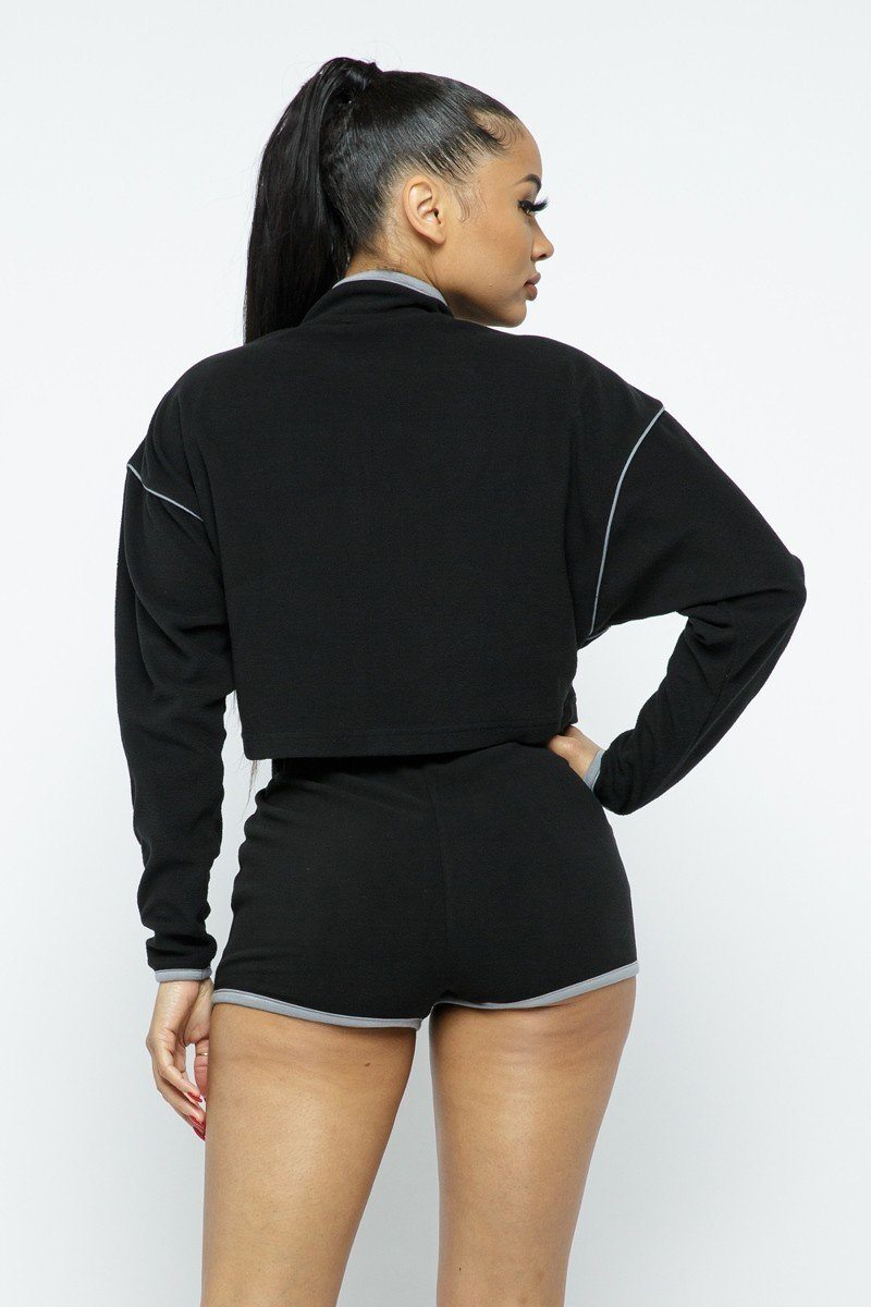 Black crop top and high-waist shorts set, back view with contrast trim