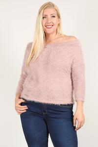 Textured long sleeve top, dusty pink knit with dark frayed hem trim