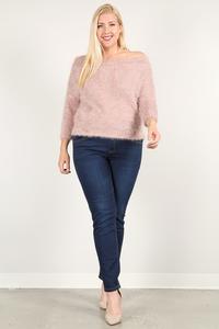 Textured long sleeve top with boat neckline, dusty pink and dark hem detail