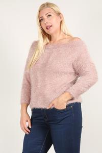 Dusty pink textured long sleeve top, relaxed fit with dark cuff/hem trim