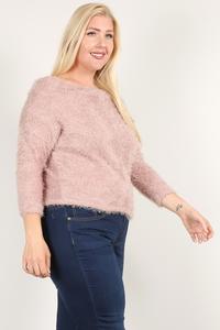 Textured long sleeve top in dusty pink, rounded neckline and ribbed dark hem