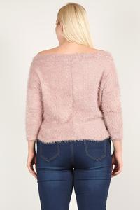 Back of textured long sleeve top, dusty pink knit with dark hem trim