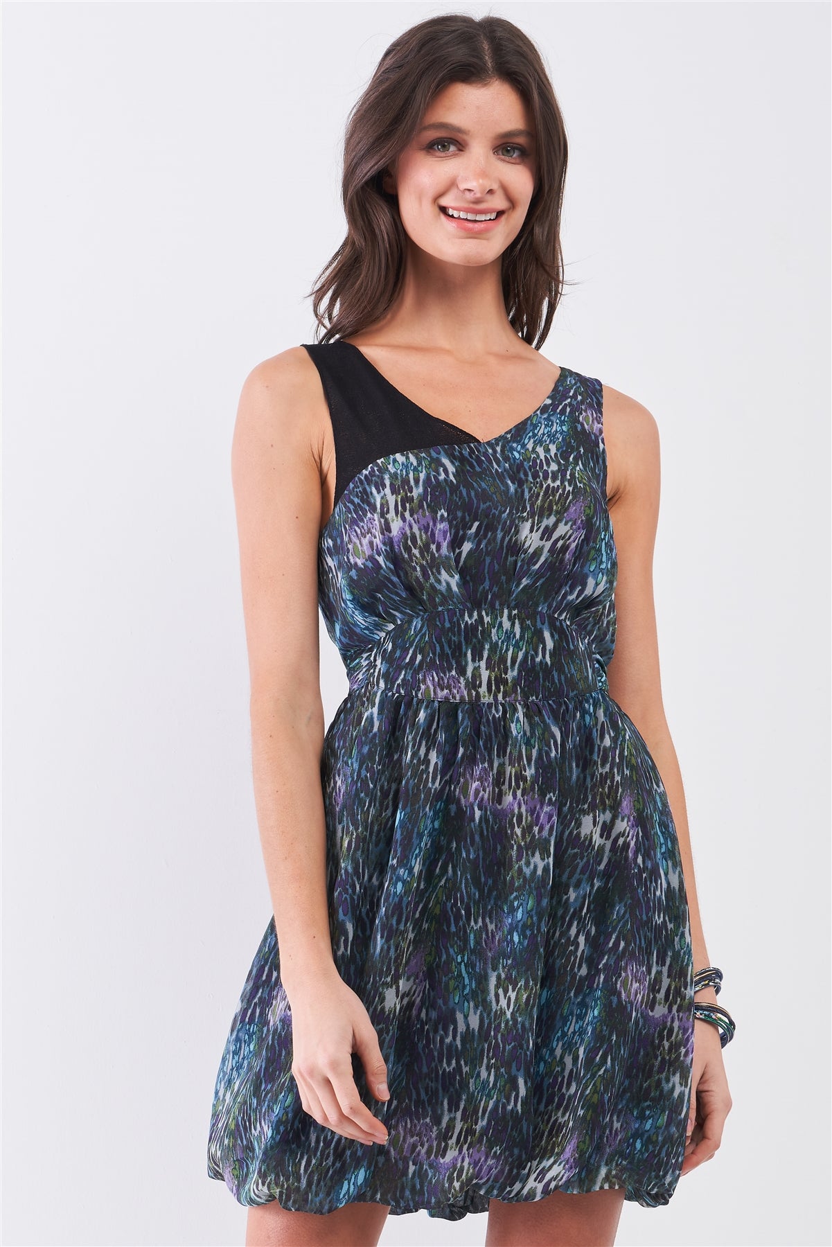 Sleeveless V-neck mini dress, black contrast bodice, multicolor print skirt