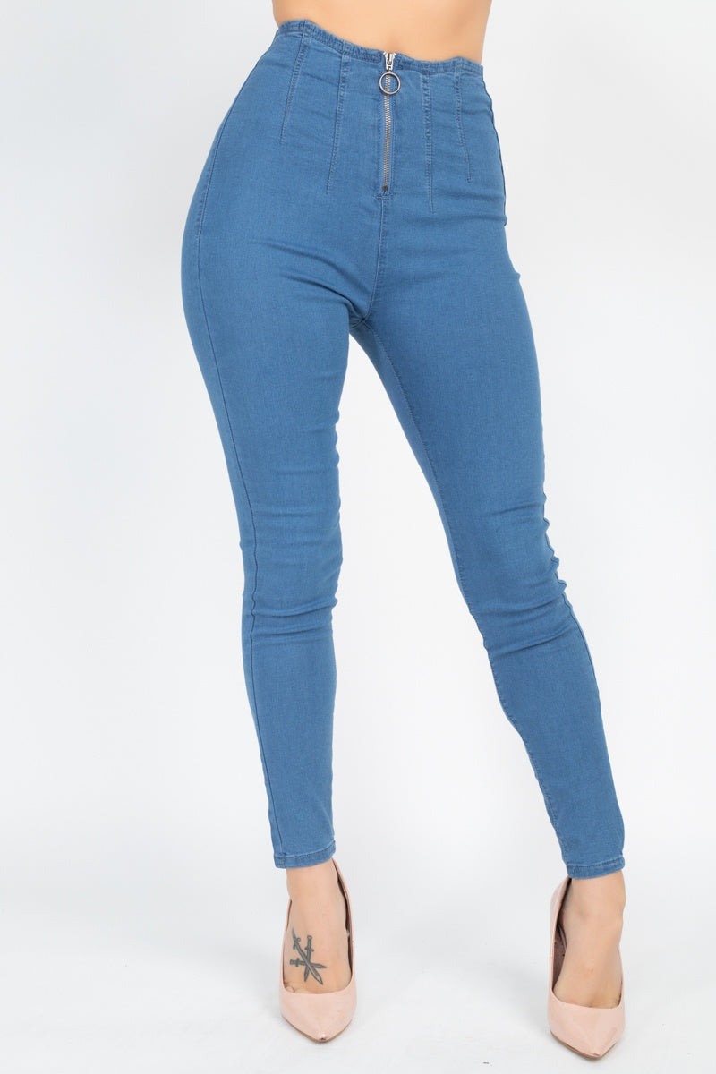 High Waist Denim Jeans, blau, hoher Bund mit Reißverschluss und Knopf