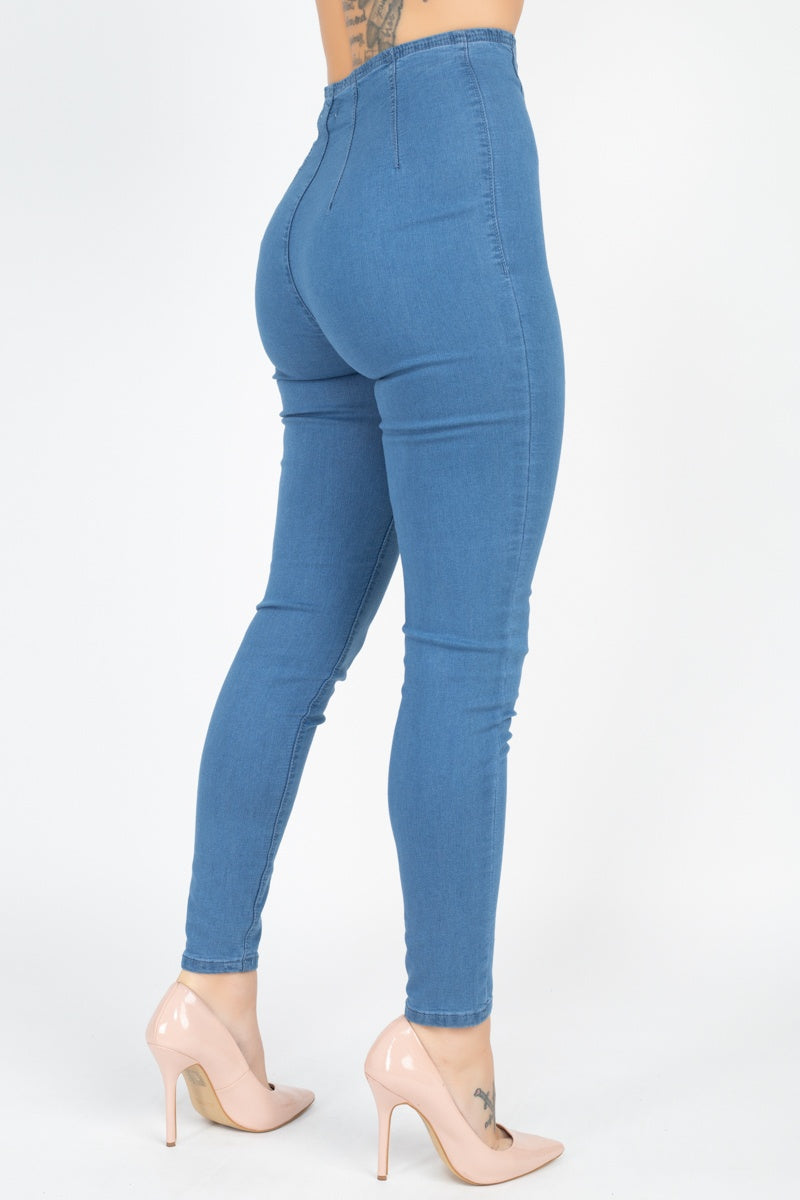 High Waist Denim Jeans, blau, schmale Passform mit Gesäßnähten
