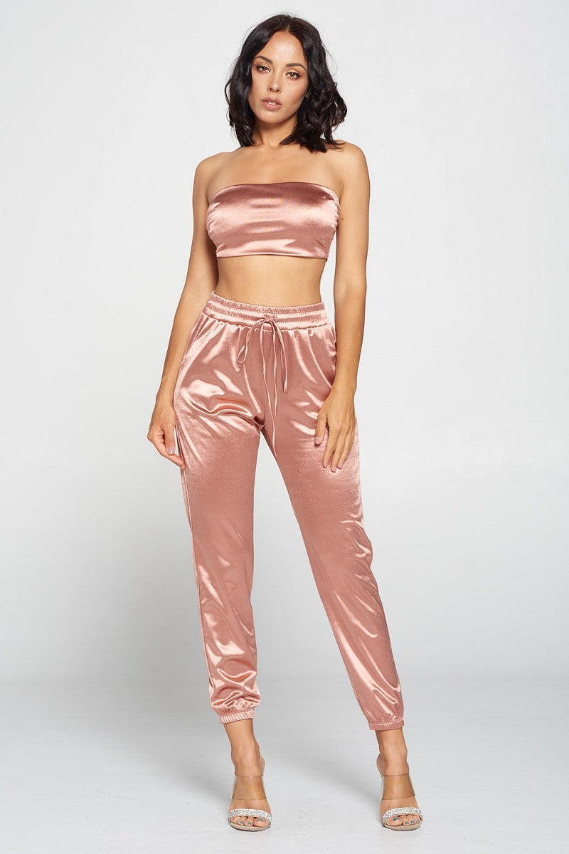 Mauve satin strapless tube top and jogger pants set with drawstring and elastic cuffs