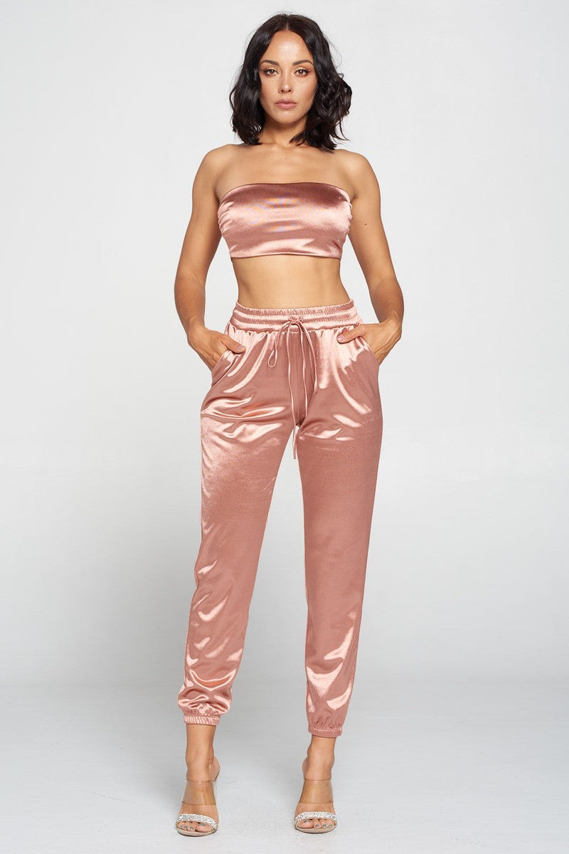 Mauve satin tube top and tapered jogger pants set, ruched waistband and drawcord
