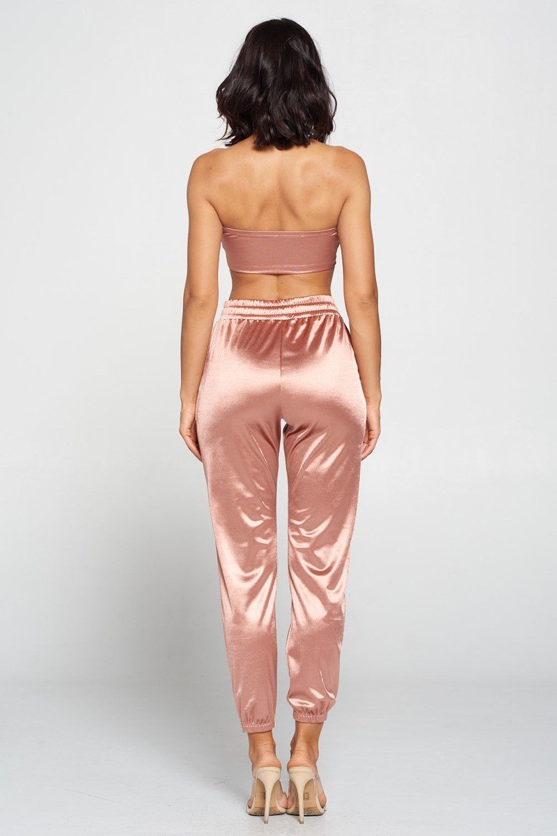 Back view: Mauve satin strapless tube top with jogger pants, elastic waistband and cuffs