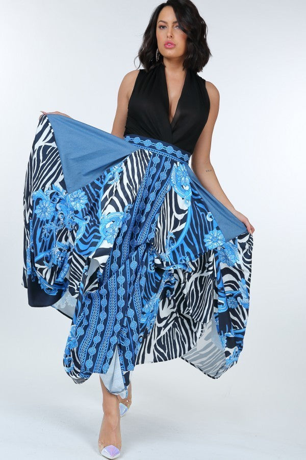 Maxirok met animal chain print: zwart-wit zebra en blauw bloemenmotief, gelaagde zoom