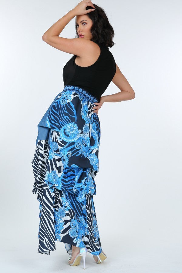 Maxirok animal chain print met hoge taille: zwart-wit zebra en blauwe bloemen over de lengte
