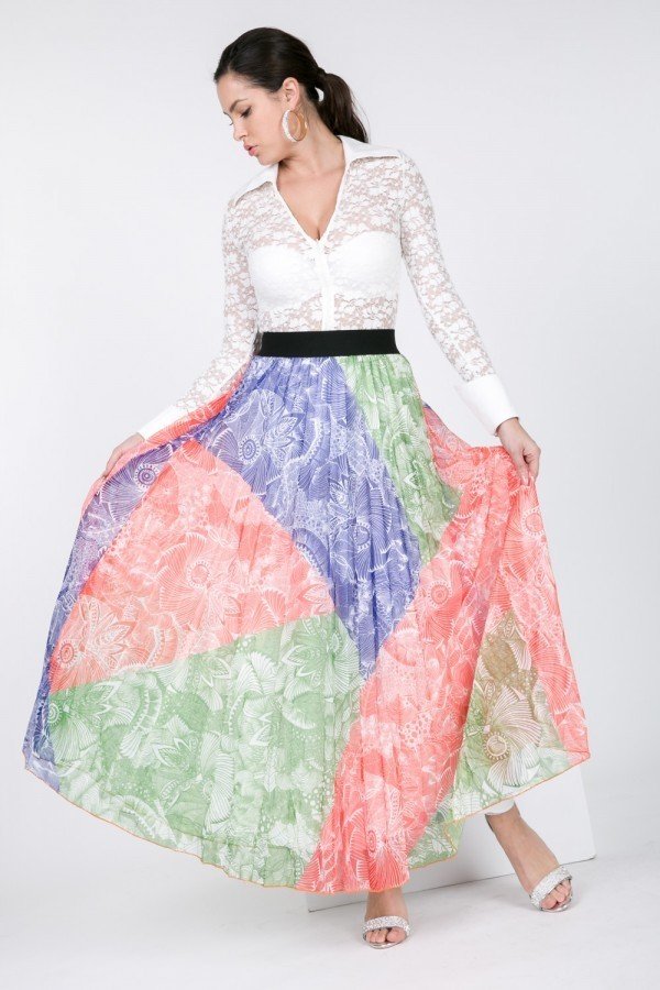 Color block pleated maxi skirt, pastel coral blue and green panels with black waist band
