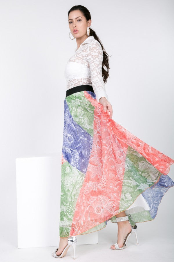 Color block pleated maxi skirt side drape with coral, blue, green panels and black waistband