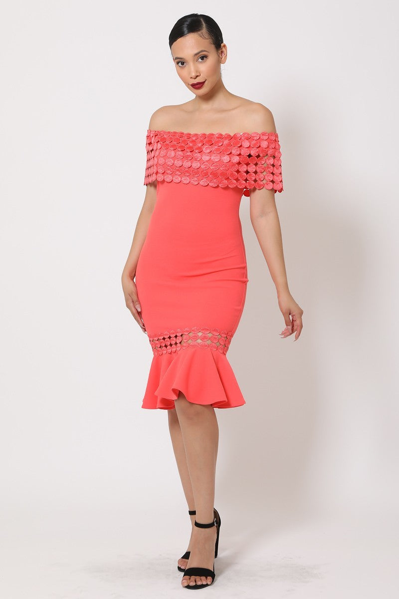 Off-shoulder crochet band bodycon dress, coral pink, ruffled mermaid hem