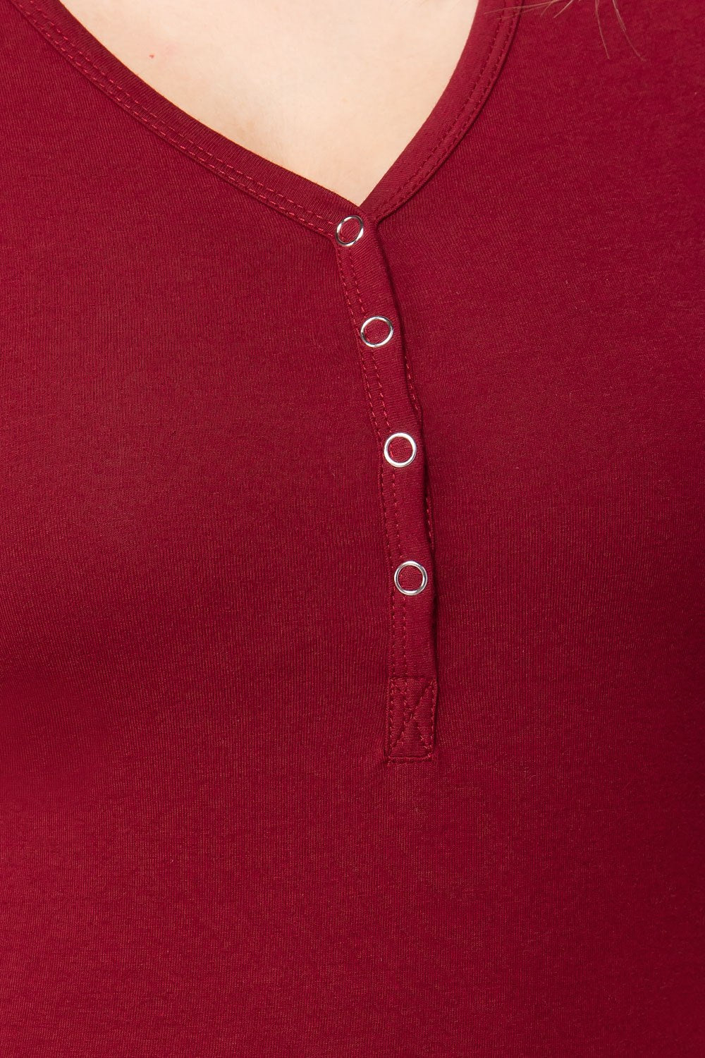 Ruby Burgundy henley placket close-up: V-neck with four button closures
