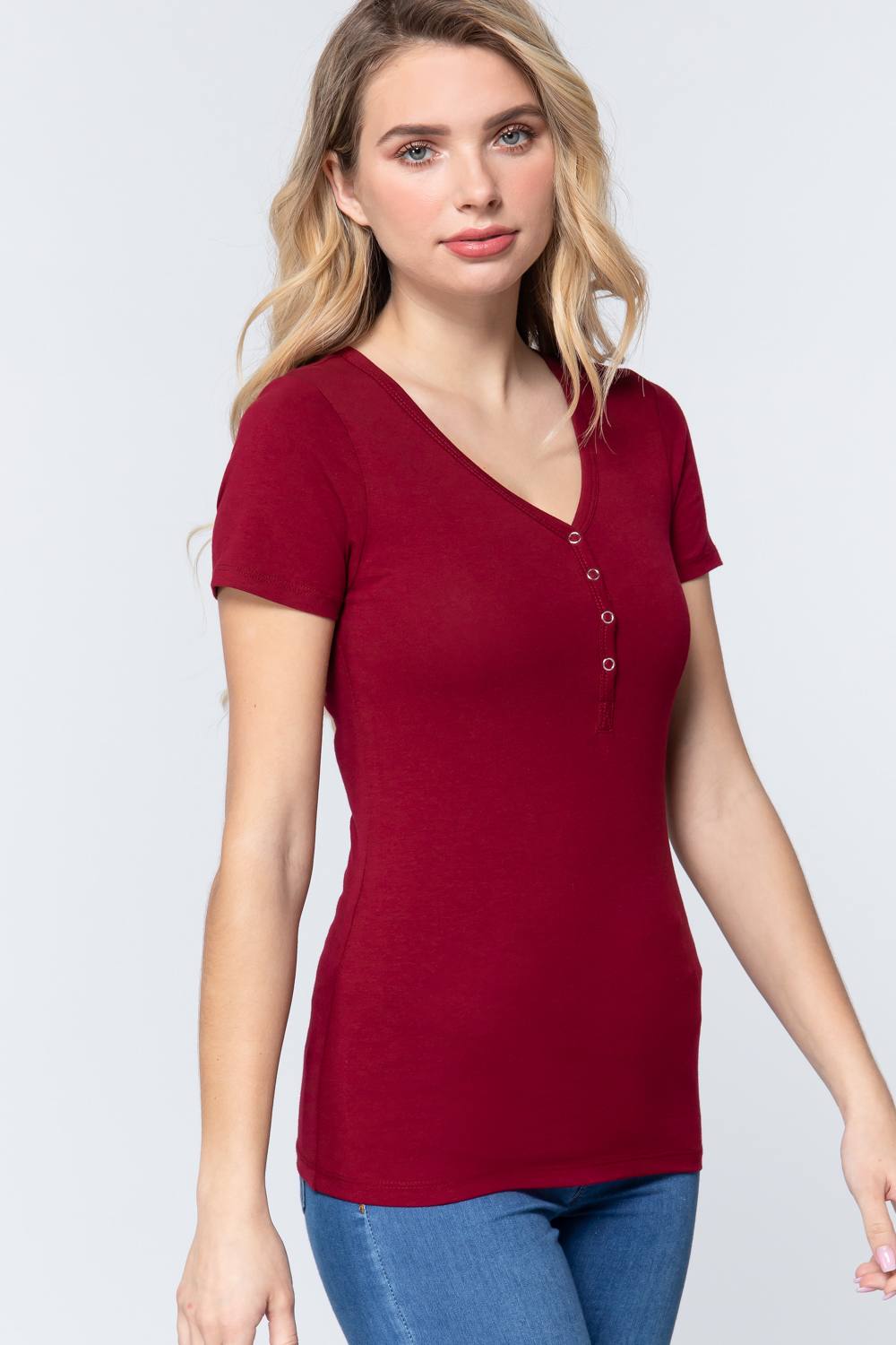 Ruby Burgundy short sleeve V-neck henley knit top front view with buttons