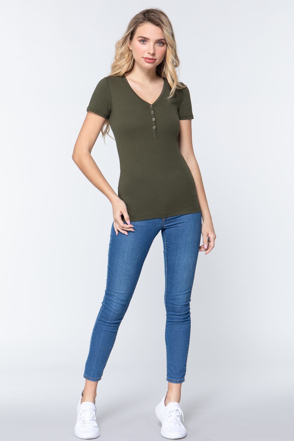 True Olive V-neck henley knit top, short sleeves, worn with blue jeans