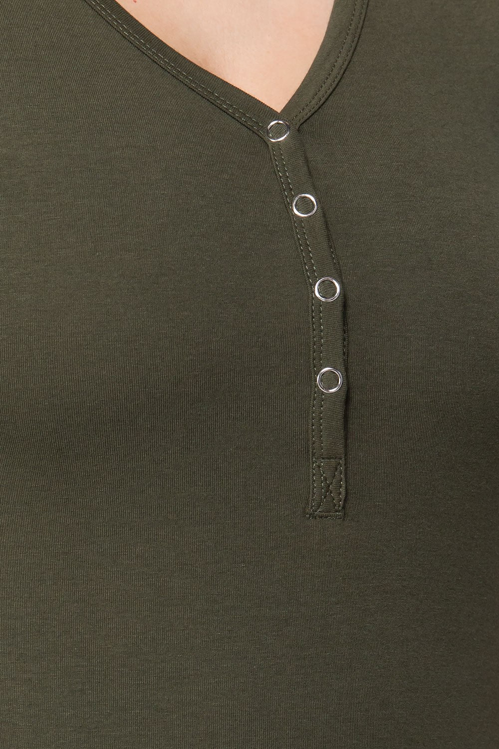Olive henley placket detail: V-neck with button closures and stitched edge