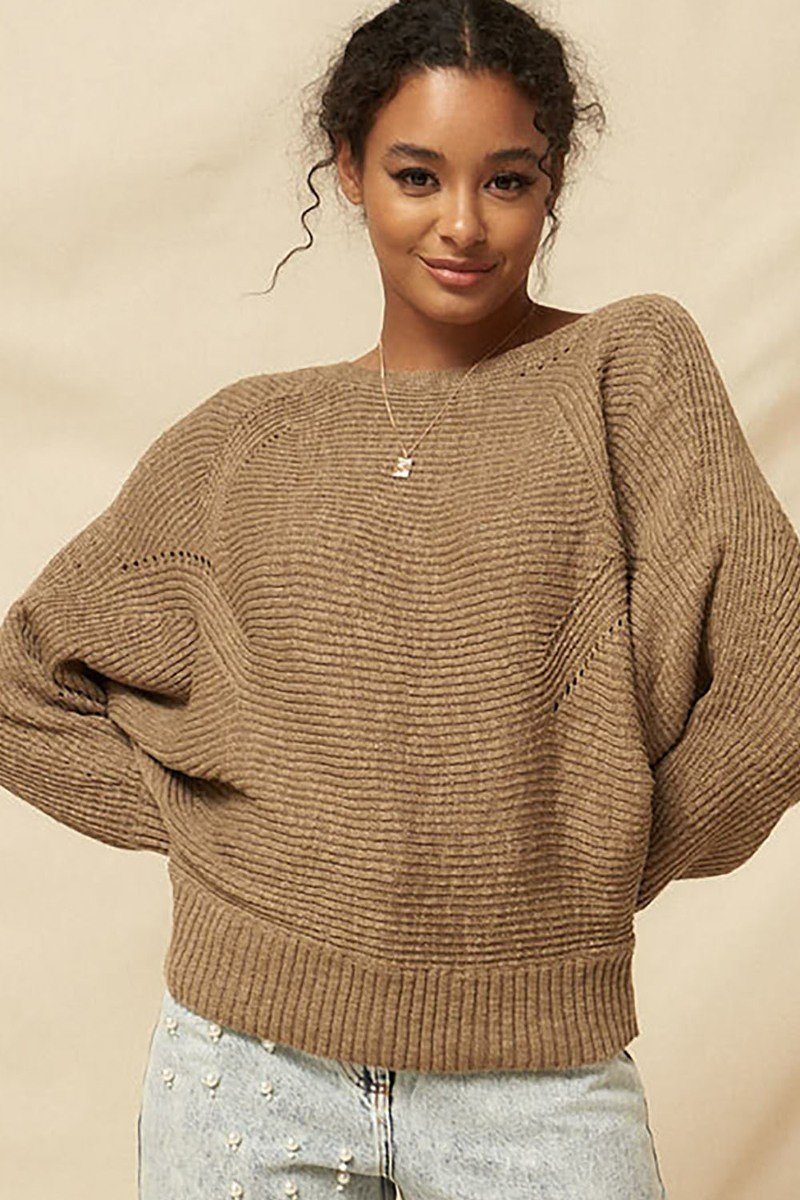 Ribbed knit sweater in tan, wide boat neckline and long sleeves