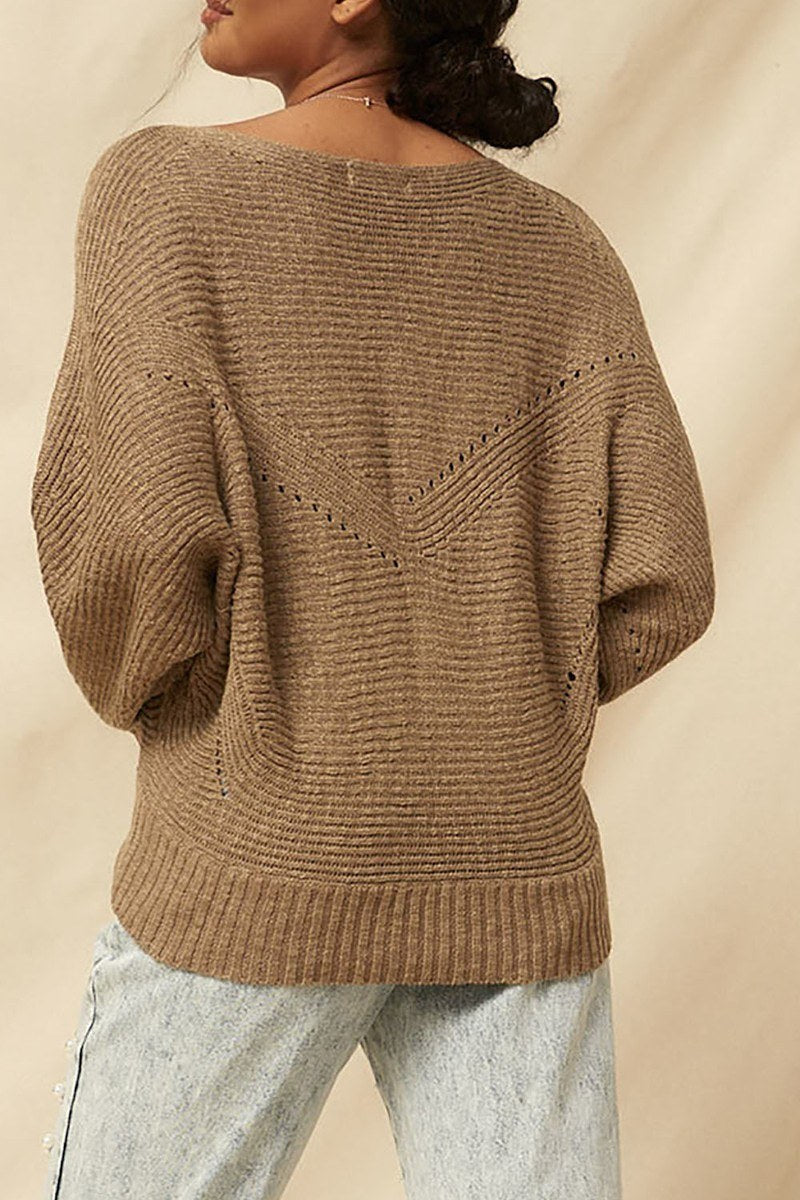 Tan ribbed knit sweater back view with textured panel and ribbed hem