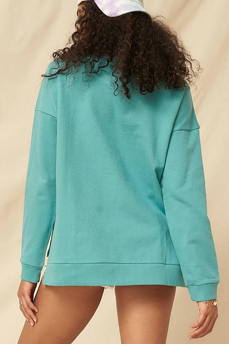 Back view of turquoise mineral-washed French terry sweatshirt, long sleeves