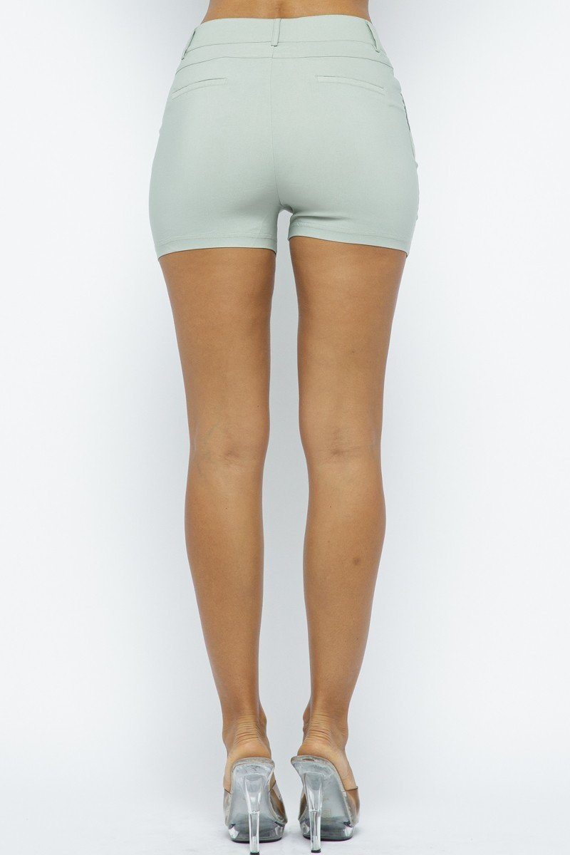 Sage green Basic Shorts, rear view with straight hem and belt loops