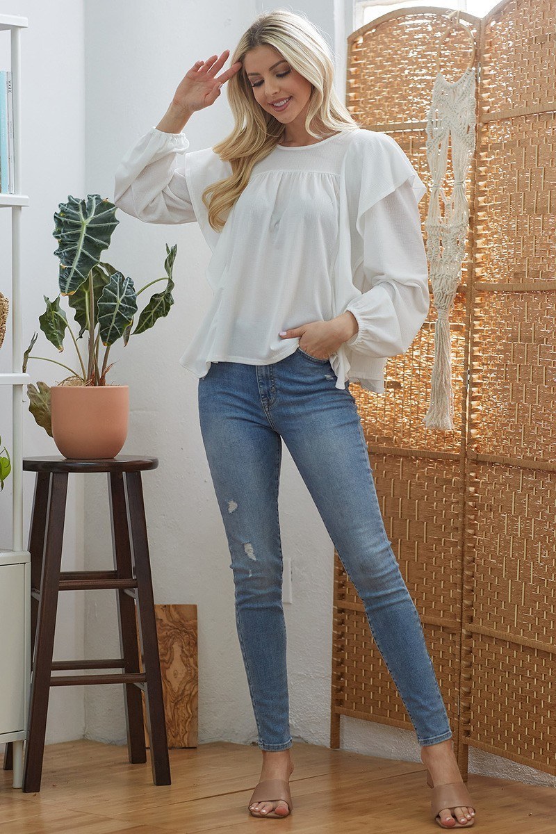 Ivory draped ruffle long-sleeve top with flutter sleeves and gathered front