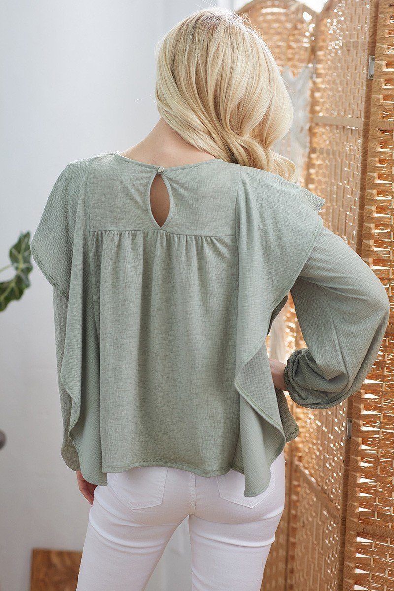 Back view of sage draped ruffle long-sleeve top, keyhole cutout at upper back