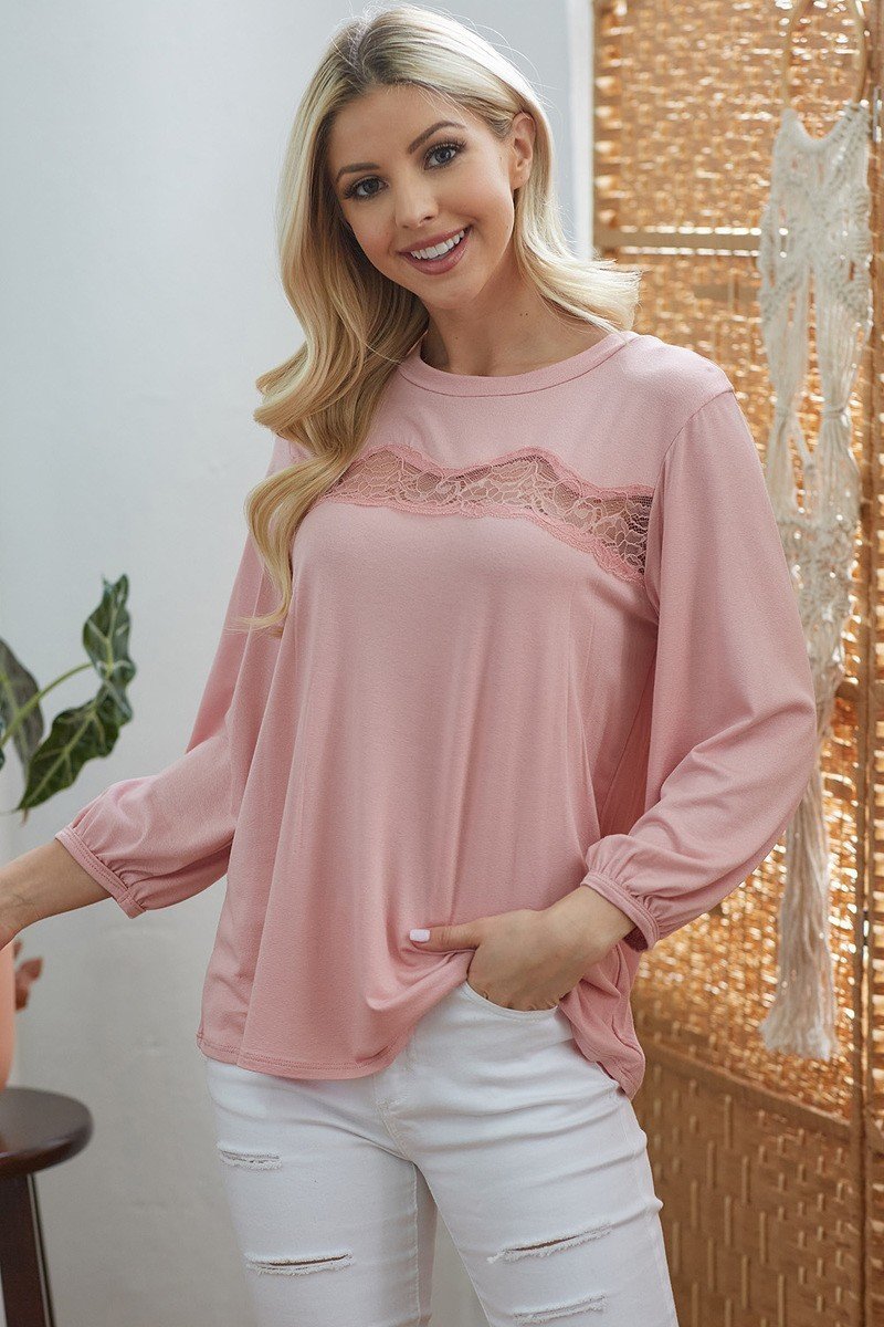 Laced see-through long-sleeve top in dusty pink, with lace panel on chest