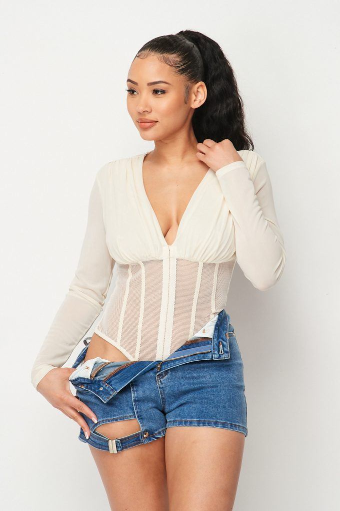 Fishnet sheer mesh bodysuit with deep V-neck, long sleeves, vertical striped panels