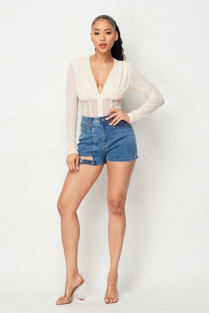 Sheer mesh bodysuit, deep V-neck and long sleeves, fitted vertical striped front