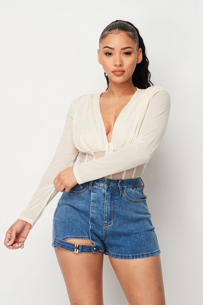 Fishnet sheer mesh bodysuit with deep V-neck, long sleeves, vertical striped paneling
