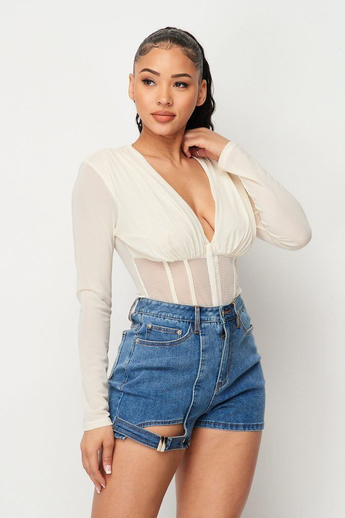 Deep V-neck sheer mesh bodysuit with long sleeves and vertical striped fishnet