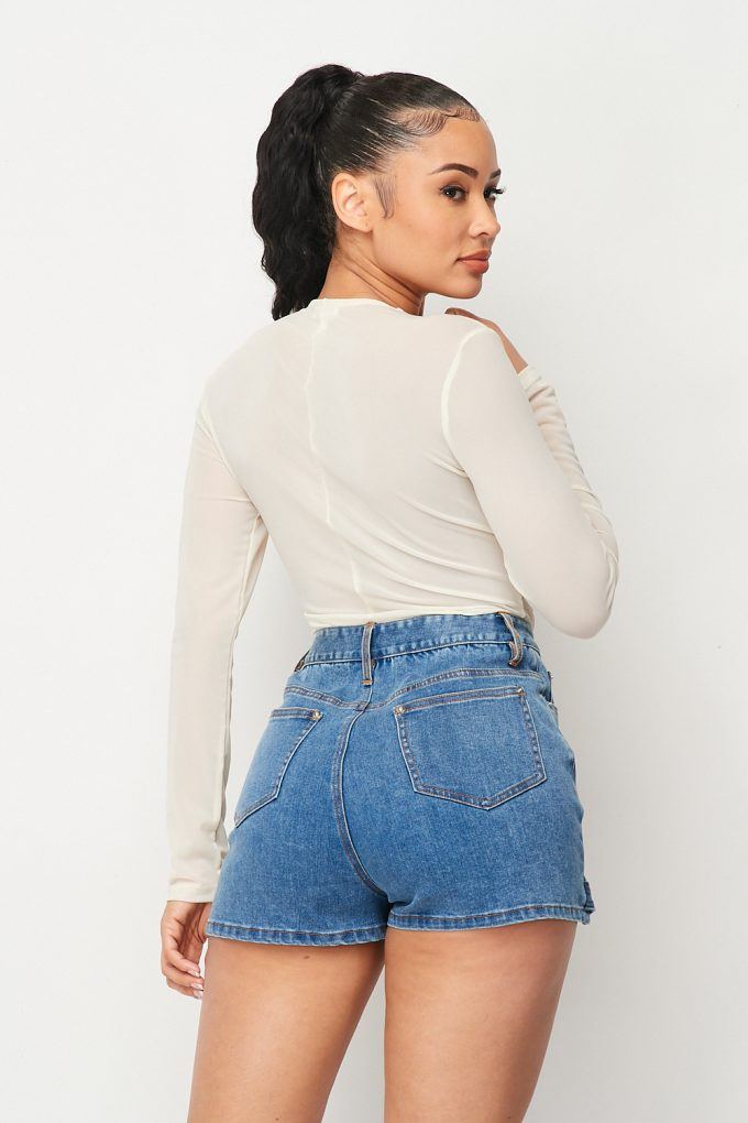 Sheer mesh bodysuit back view, long sleeves, fitted silhouette