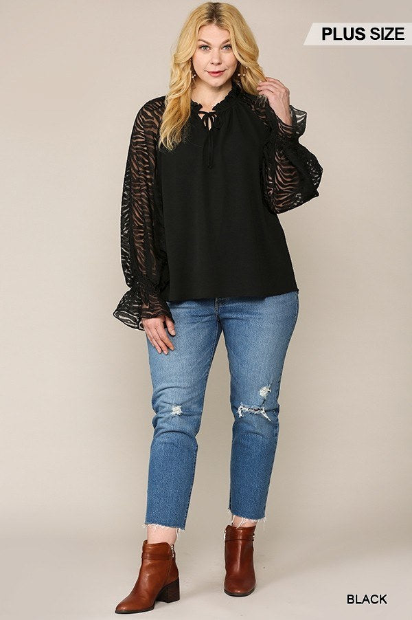 Black ruffle-neck bubble crepe blouse with zebra sheer puff sleeves