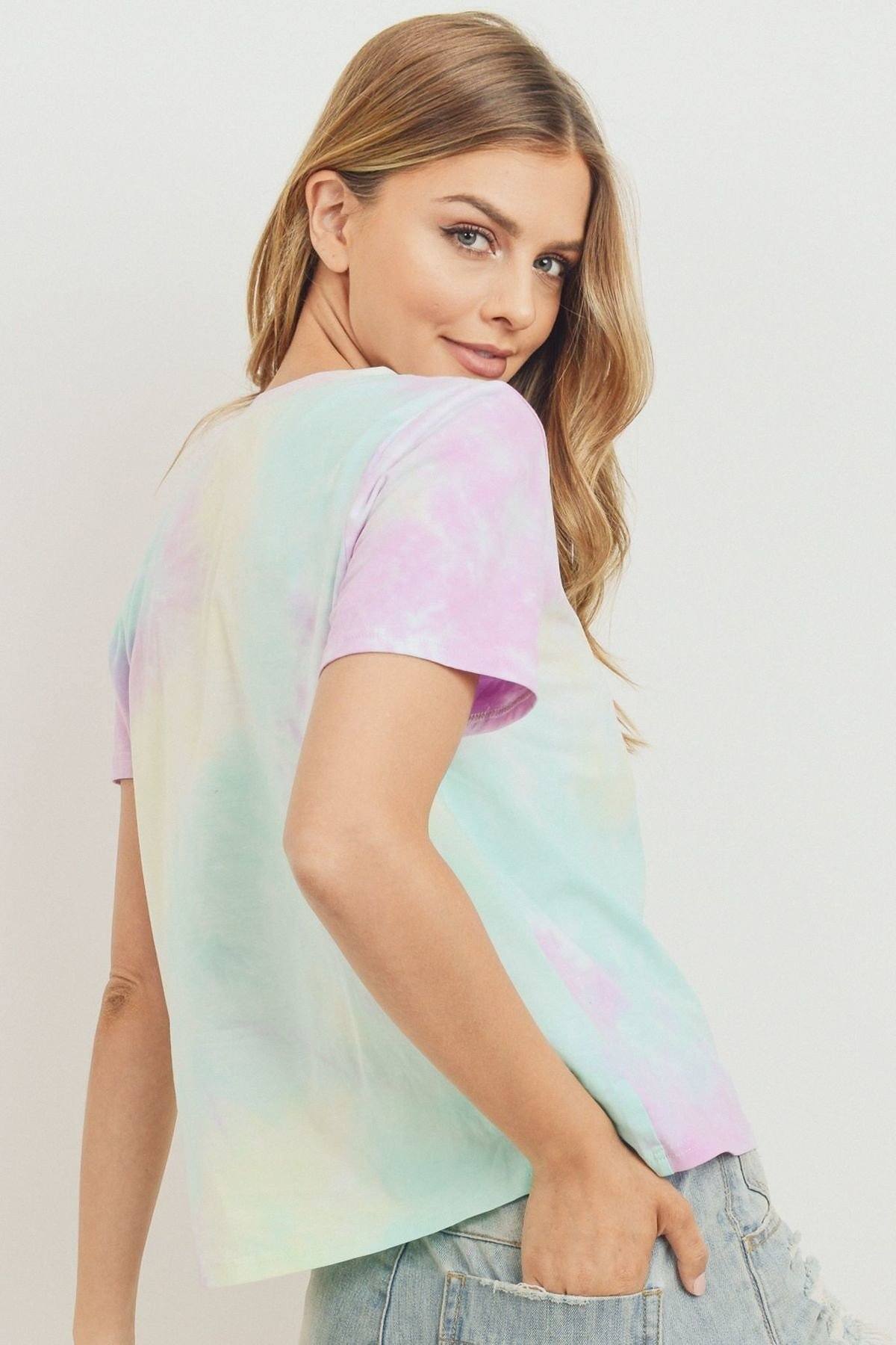 Pastel tie-dye crewneck short-sleeve tee, back/side view with sleeve and hem print