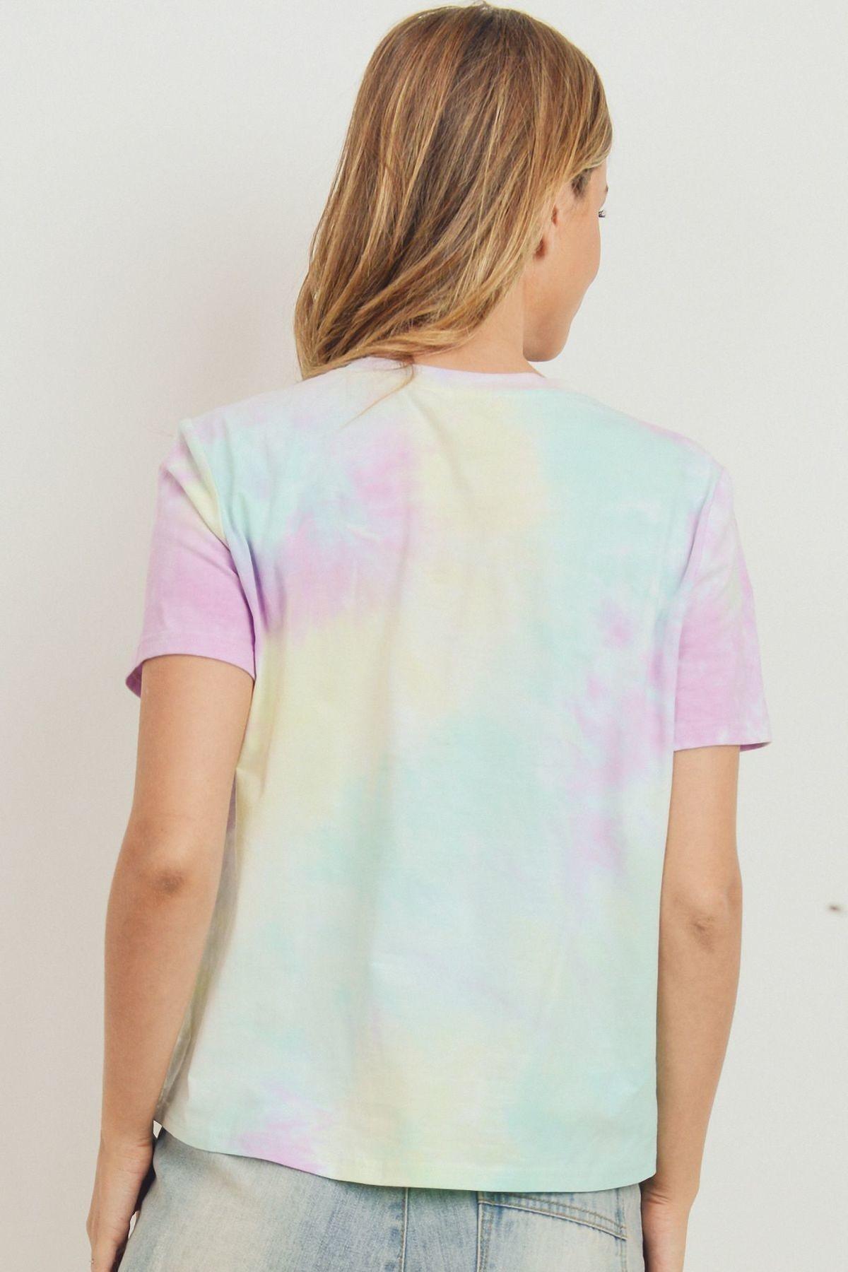 Pastel tie-dye crewneck short-sleeve tee, back view with center swirl pattern