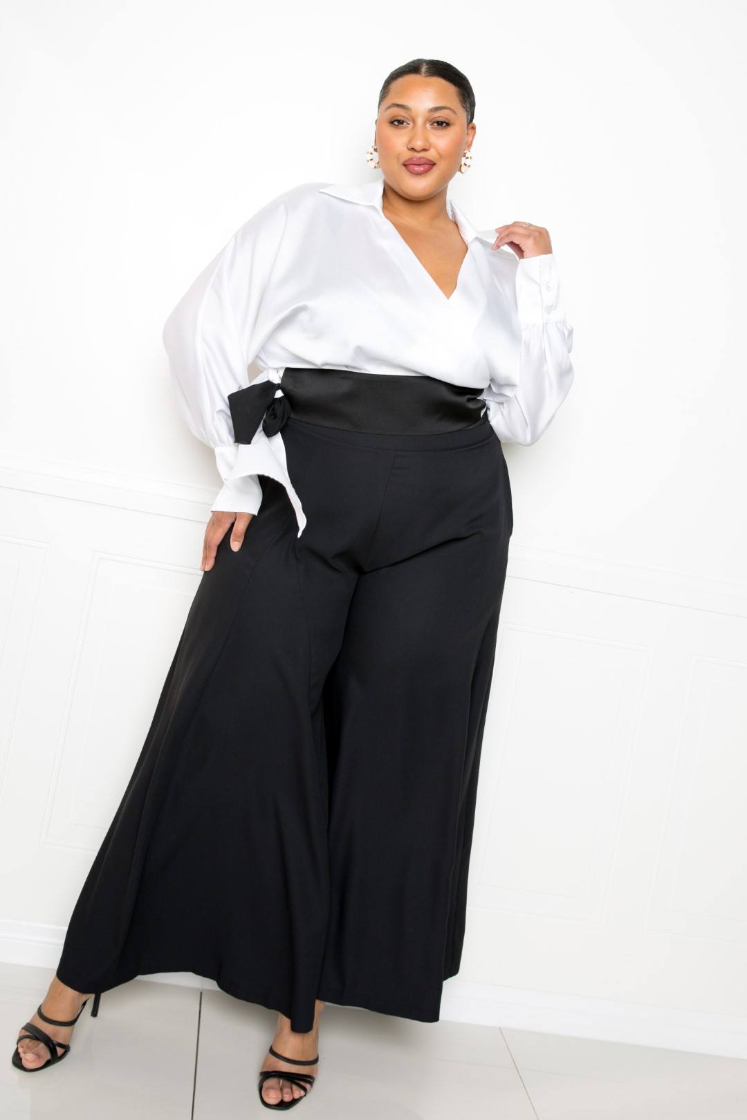 Satin Long Sleeve Tie Waist Wrap Top - Tigbul's Variety Fashion Shop