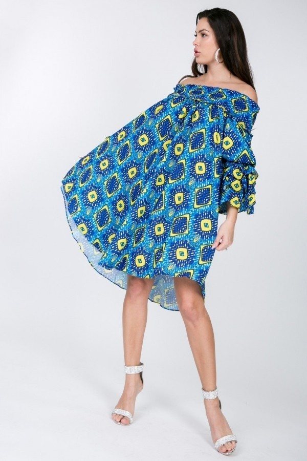 Off-shoulder midi dress with ruffle sleeves, blue/yellow geometric print